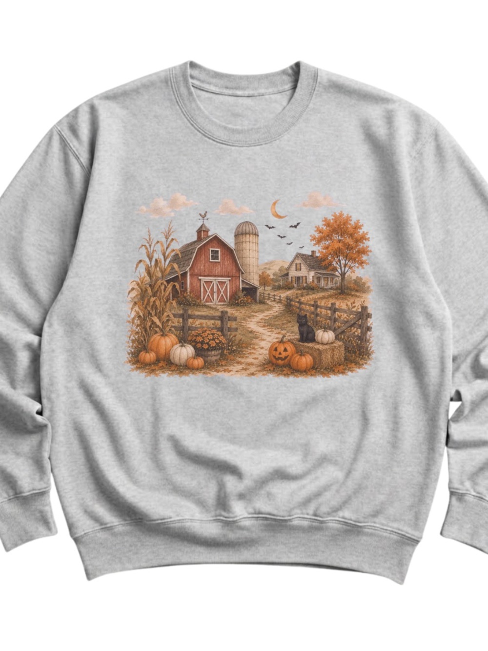 AshGray Crewneck Sweatshirt with Autumn Farm Graphic